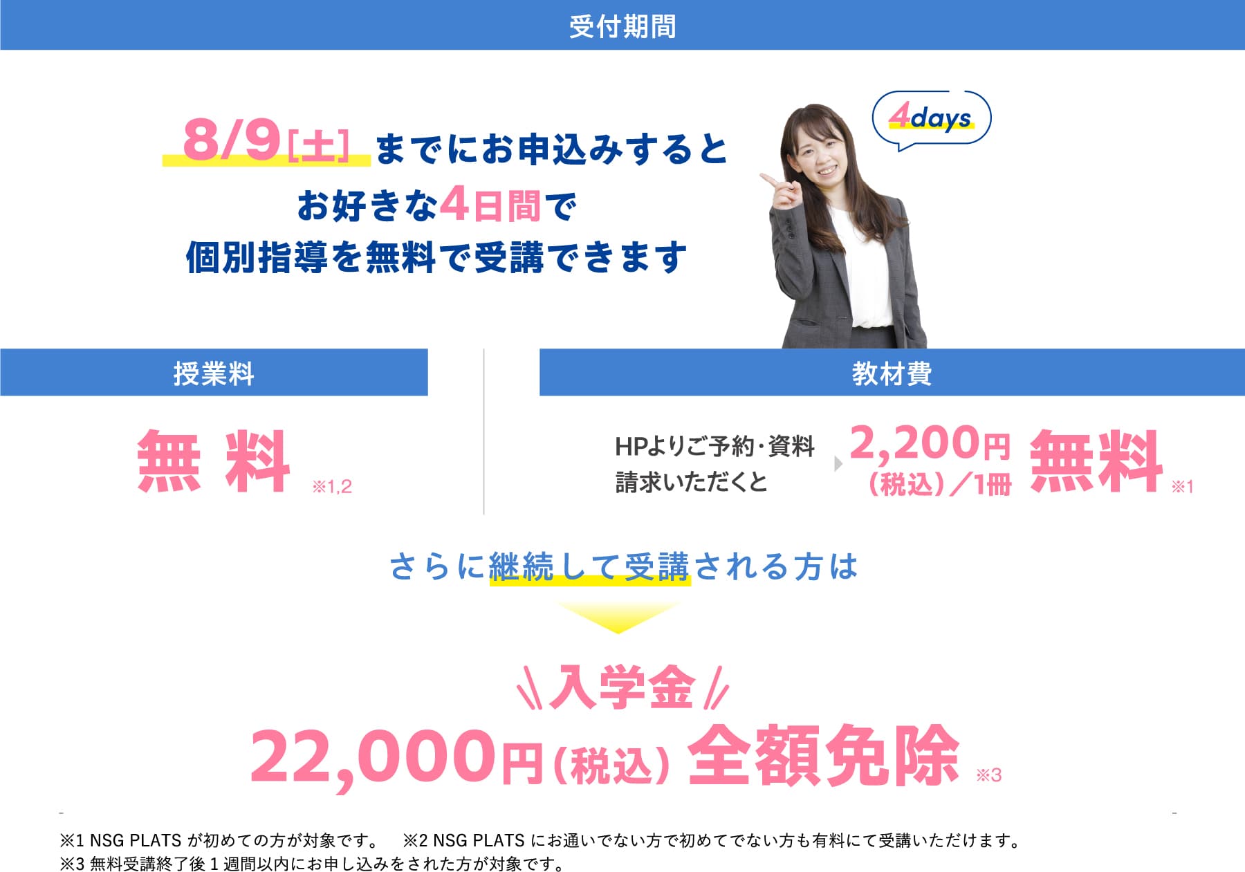 [受付期間] 8/9(土)までにお申込みするとお好きな4日間で個別指導を無料で受講できます [授業料]無料※1,2 [教材費] HPよりご予約・資料請求いただくと2,200円（税込）／1冊無料※1 さらに継続して受講される方は入学金22,000円（税込）全額免除※3 ※1 NSG PLATS が初めての方が対象です。　※2 NSG PLATS にお通いでない方で初めてでない方も有料にて受講いただけます。 ※3 無料受講終了後1週間以内にお申し込みをされた方が対象です。