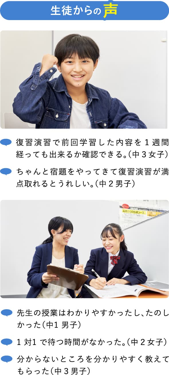 生徒からの声 ・復習演習で前回学習した内容を１週間経っても出来るか確認できる。（中３女子） ・ちゃんと宿題をやってきて復習演習が満点取れるとうれしい。（中２男子） ・先生の授業はわかりやすかったし、たのしかった（中1 男子） ・1 対1 で待つ時間がなかった。（中２女子） ・分からないところを分かりやすく教えてもらった（中３男子） 