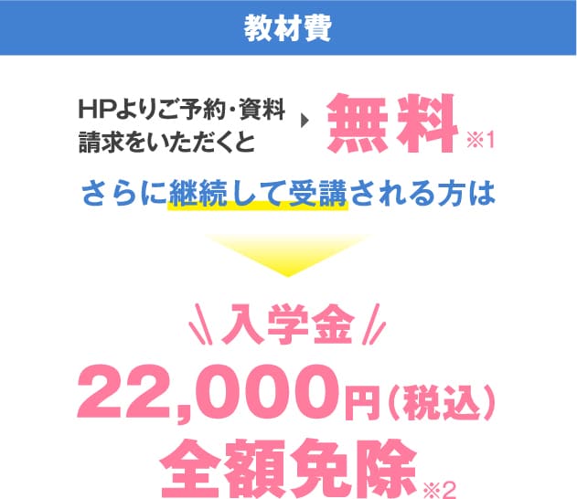 [教材費] HPよりご予約・資料請求をいただくと無料※1 さらに継続して受講される方は入学金22,000円（税込）全額免除※2