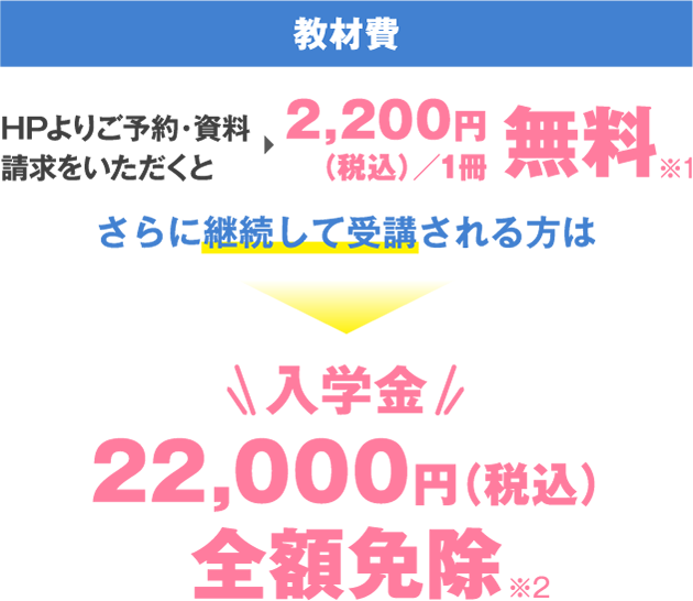 [教材費] HPよりご予約・資料請求をいただくと無料※1 さらに継続して受講される方は入学金22,000円（税込）全額免除※2